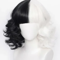 Cruella de Vil Kostymperuk - Kort Svart & Vit Vågig Bob med Lugg[JUN]> Peruker