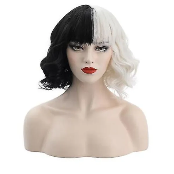 ESTONE Cruella De Vil Peruker Dam Cosplay lockigt hår Kort vågiga peruker -ge> Peruker
