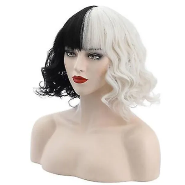 ESTONE Cruella De Vil Peruker Dam Cosplay lockigt hår Kort vågiga peruker -ge> Peruker