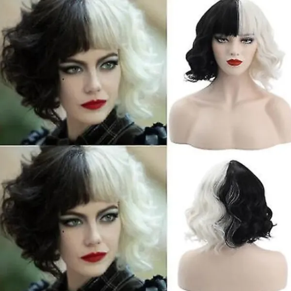 ESTONE Cruella De Vil Peruker Dam Cosplay lockigt hår Kort vågiga peruker -ge> Peruker
