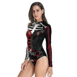 Dam Harley Quinn Cosplay Kostym Skalle Print En-Delad Baddräkt (L-XL)><noscript><img width=