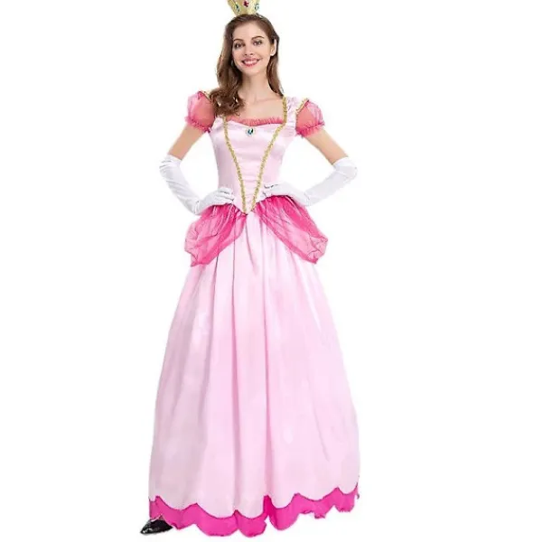 Dam Super Mario Peach Cosplay Kostym Rosa Prinsessklänning + Handskar + Huvudbonad Outfits Set Karnevalsfest S> Dräkter