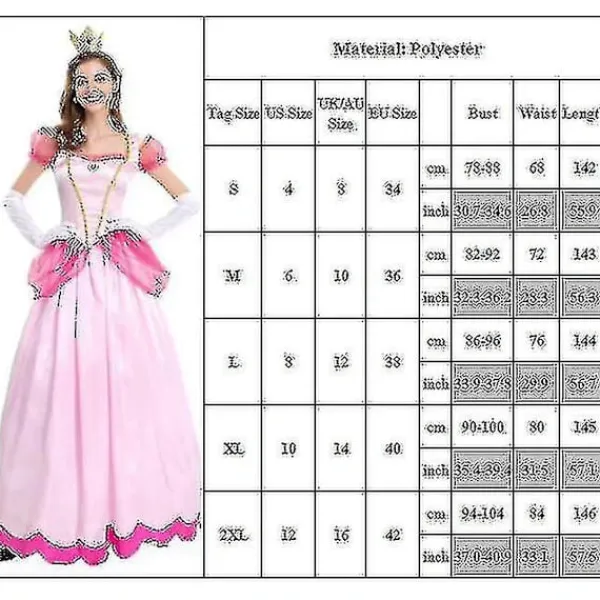 Dam Super Mario Peach Cosplay Kostym Rosa Prinsessklänning + Handskar + Huvudbonad Outfits Set Karnevalsfest S> Dräkter