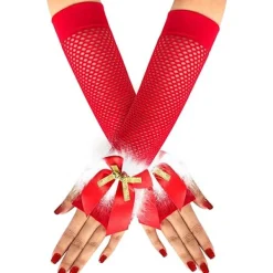 Damjultomtehandskar i Sexy Santa-Stil, Fingerlösa, Fiskgarn, med Klockor och Rosetter, Röda Lingerie-Kostymtillbehör till Jul> Tillbehör