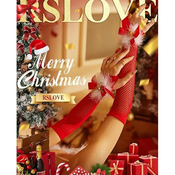 Damjultomtehandskar i Sexy Santa-Stil, Fingerlösa, Fiskgarn, med Klockor och Rosetter, Röda Lingerie-Kostymtillbehör till Jul> Tillbehör