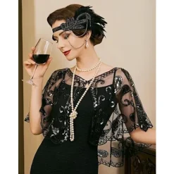 Damkrage i 1920-talsstil för kvinnor, paljett- och pärlbroderade sjalar och omslag för aftonklänningar/fest/bröllop/formellt/Harlem-kväll><noscript><img width=