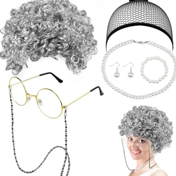 7-delad Gammal Dam Cosplay-set Gammal Dam Peruk Mormorsdräkt Set Grå Lockig Mormorsperuk Perukmössa Glasögon Ögonbrynkedjor Pärlhalsband Armband> Tillbehör