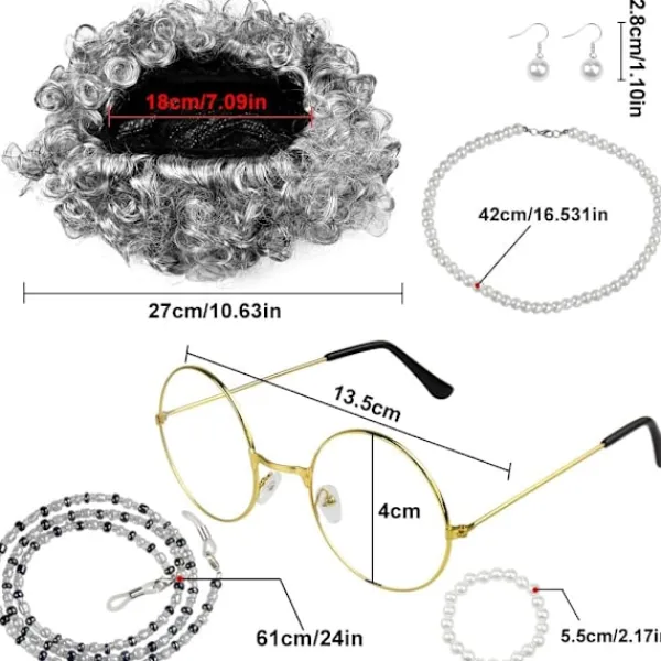 7-delad Gammal Dam Cosplay-set Gammal Dam Peruk Mormorsdräkt Set Grå Lockig Mormorsperuk Perukmössa Glasögon Ögonbrynkedjor Pärlhalsband Armband> Tillbehör