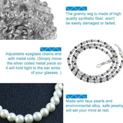 7-delad Gammal Dam Cosplay-set Gammal Dam Peruk Mormorsdräkt Set Grå Lockig Mormorsperuk Perukmössa Glasögon Ögonbrynkedjor Pärlhalsband Armband><noscript><img width=