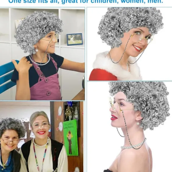 7-delad Gammal Dam Cosplay-set Gammal Dam Peruk Mormorsdräkt Set Grå Lockig Mormorsperuk Perukmössa Glasögon Ögonbrynkedjor Pärlhalsband Armband> Tillbehör