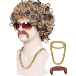 3-delad kedja, mustasch och kort lockig peruk för 70-talsdiscofest, brun med blond(3 delar set)> Tillbehör