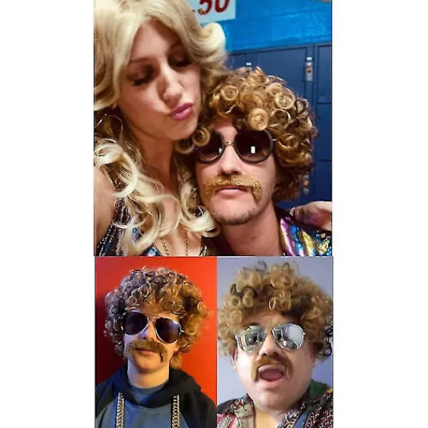 3-delad kedja, mustasch och kort lockig peruk för 70-talsdiscofest, brun med blond(3 delar set)> Tillbehör