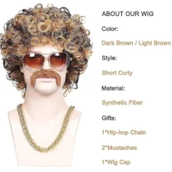 3-delad kedja, mustasch och kort lockig peruk för 70-talsdiscofest, brun med blond(3 delar set)><noscript><img width=