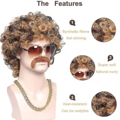 3-delad kedja, mustasch och kort lockig peruk för 70-talsdiscofest, brun med blond(3 delar set)><noscript><img width=