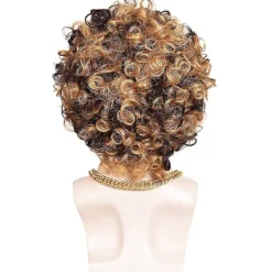 3-delad kedja, mustasch och kort lockig peruk för 70-talsdiscofest, brun med blond(3 delar set)><noscript><img width=