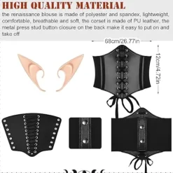 5-delars kostymset för kvinnor, medeltida huvförsedd mantel, älvörontillbehör för Halloween-rollspel (svart, storlek L)><noscript><img width=