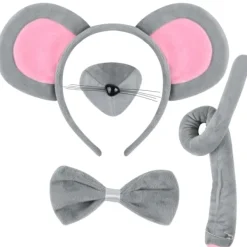 4-delars Musdräktsset, Musöron-Hårband, Musnäsa, Svans och Fluga, Musdräkt> Tillbehör