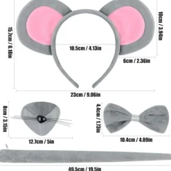 4-delars Musdräktsset, Musöron-Hårband, Musnäsa, Svans och Fluga, Musdräkt> Tillbehör