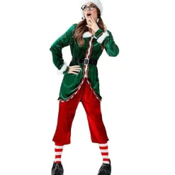Deluxe 6pcs Damjulskostym Cosplay Jultomte Uniform Kostym för Vuxna Grön Tomtenisse Julhelg Fest Fancy DressM> Dräkter