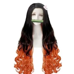 Demon Slayer Kamado Nezuko Cosplay Peruk Anime Lång Vågigt Orange Och Svart Syntetiskt Hår Peruker Halloween Fest Kostym Rekvisita><noscript><img width=