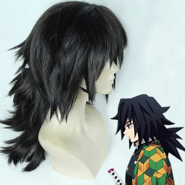 Demon Slayer Kimetsu no Yaiba Tomioka Giyuu Cosplay Peruk Svart Clip Hästsvans Värmebeständigt Syntetiskt Hår Anime Peruker + Perukmössa One Size> Peruker