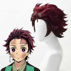 Demon Slayer: Kimetsu No Yaiba Tanjiro Kamado Cosplay Peruk Kort Kastanjebrun Värmebeständig Hår Cosplay Peruker + Örhängen Wig and Earrings | Fyndiq><noscript><img width=