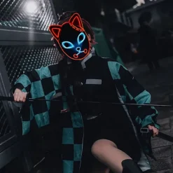 Demon Slayer Mask Japansk Anime Mask, Led Halloween Mask Demon Fox Mask för Demon Slayer Cosplay><noscript><img width=