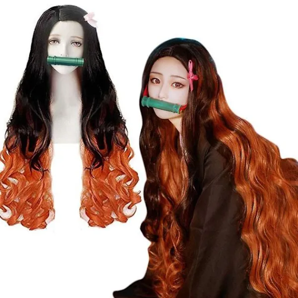 Demon Slayer Orange och svart Cosplay Party Syntetisk Peruk Anime Långa vågiga peruker Presenter> Peruker
