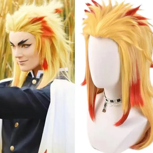 Demon Slayer Rengoku Kyoujurou Cosplayfestdräkt för Halloweenfest Anime Set Presenter Endast One Size - Wig> Peruker