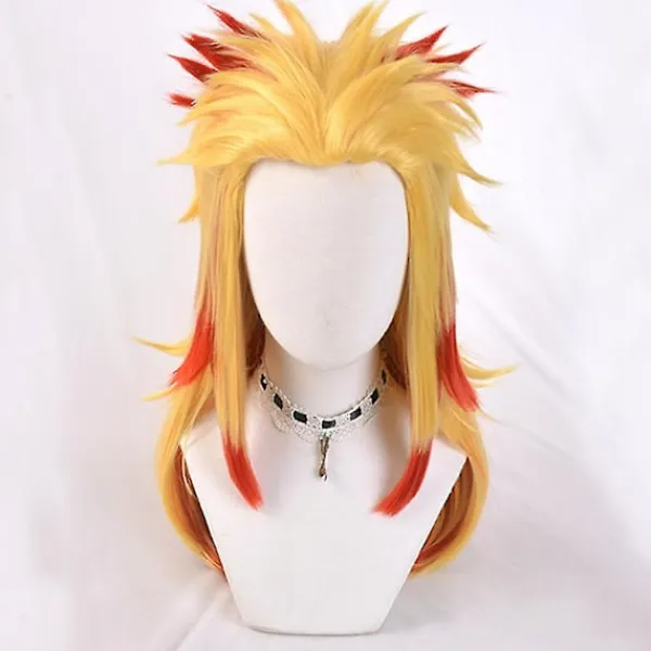 Demon Slayer Rengoku Kyoujurou Cosplayfestdräkt för Halloweenfest Anime Set Presenter Endast One Size - Wig> Peruker