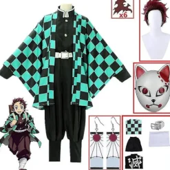 Demon Slayer Tanjiro Kamado Cosplay Kostym Kimono Set för Vuxna & Barn - 9 Delars Anime Outfit Kompatibel med Kimetsu No Yaiba [JUN] 9-delars set-FA- 140 | Fyndiq> Dräkter