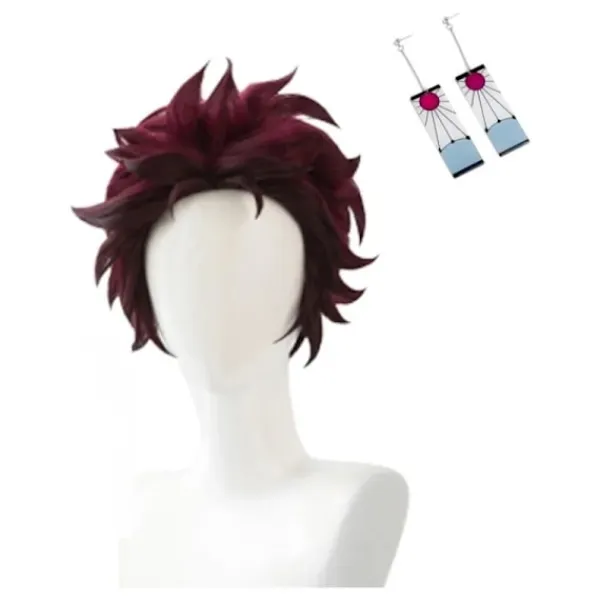 Demon Slayer Tanjiro Kamado Kort Kastanjebrun Värmebeständig Hår Cosplay Kostym Peruk + Ett Par Örhängen(YJD) One Size> Peruker