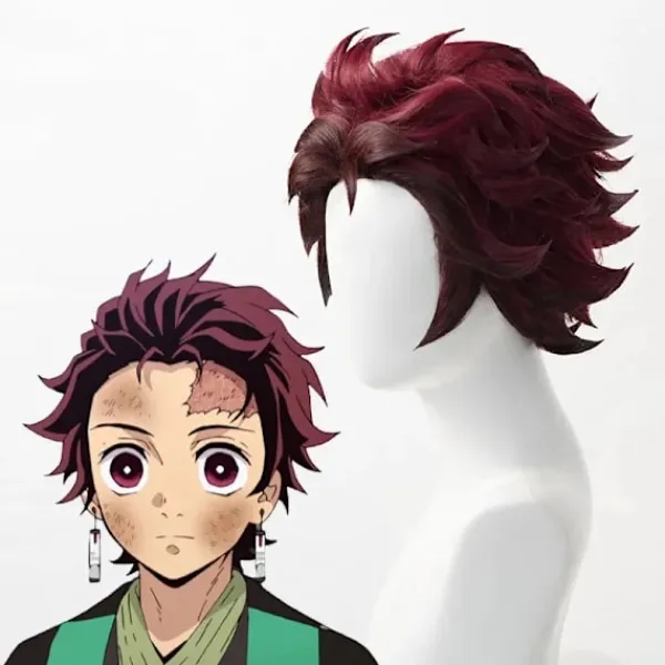 Demon Slayer Tanjiro Kamado Kort Kastanjebrun Värmebeständig Hår Cosplay Kostym Peruk + Ett Par Örhängen(YJD) One Size> Peruker