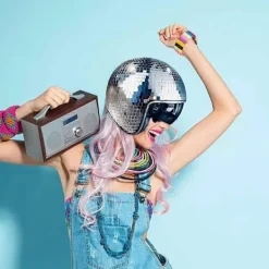 Disco Ball Hjälm Glitter Speglar Glas Punk Kostym Hatt med Infällbart Visir Disco Ball Hatt för B><noscript><img width=
