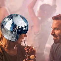 Disco Ball Hjälm Glitter Speglar Glas Punk Kostym Hatt med Infällbart Visir Disco Ball Hatt för B><noscript><img width=