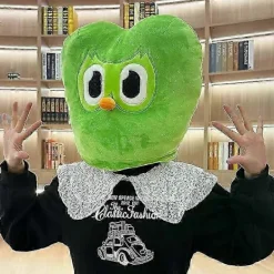 Duolingo grön uggla huvudbonad plyschdocka kudde hänge> Huvudbonader