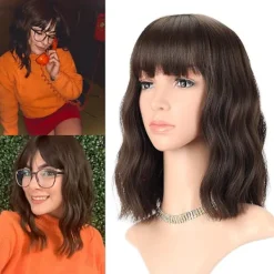 /EA/Brun peruk med luftig lugg, Naturligt svart, Kort Bob-peruk, Dam axellångt lockigt vågigt hår, Syntetisk rollspelsperuk Bob-peruk Flickkläder wi | Fyndiq> Peruker