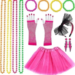 /EA/Dam 80-tals Festkläder Tillbehör Retro Party Kostym Set Vuxen Tutu Kjolar Neon Fisknätshandskar Pärlhalsband Armband Örhängen (Roseröd)> Tillbehör