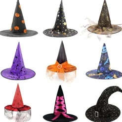 /EA/Halloween Häxhatt Festdekoration Böjd Hörn Nät Pumpa Tryck Trollkarl Häxhatt för Barn (Stil 10)> Huvudbonader