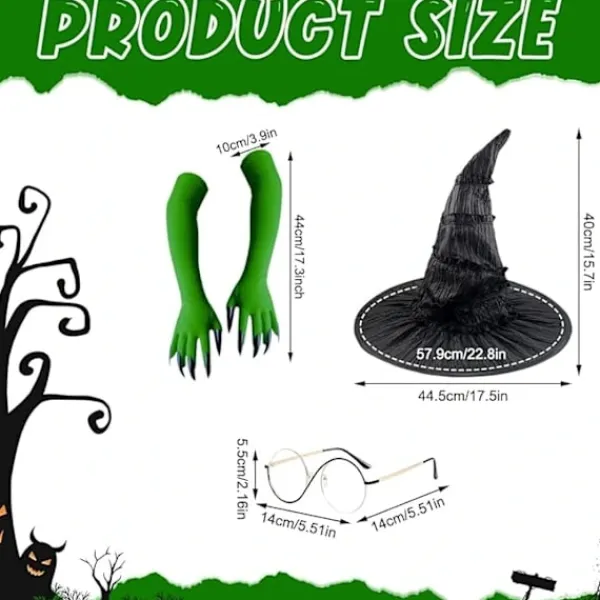 Elphaba Häxdräktstillbehör med häxhatt, trollkarlsglasögon och gröna klothandskar, Halloween karnevalsfest rollspelsdräkt för vuxna kvinnor> Tillbehör