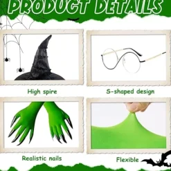 Elphaba Häxdräktstillbehör med häxhatt, trollkarlsglasögon och gröna klothandskar, Halloween karnevalsfest rollspelsdräkt för vuxna kvinnor><noscript><img width=