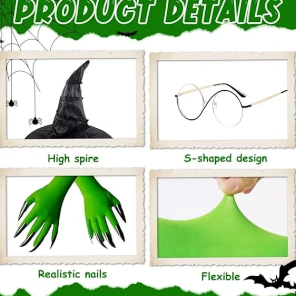 Elphaba Häxdräktstillbehör med häxhatt, trollkarlsglasögon och gröna klothandskar, Halloween karnevalsfest rollspelsdräkt för vuxna kvinnor> Tillbehör