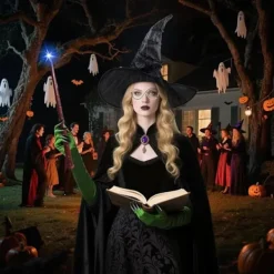 Elphaba Häxdräktstillbehör med häxhatt, trollkarlsglasögon och gröna klothandskar, Halloween karnevalsfest rollspelsdräkt för vuxna kvinnor><noscript><img width=