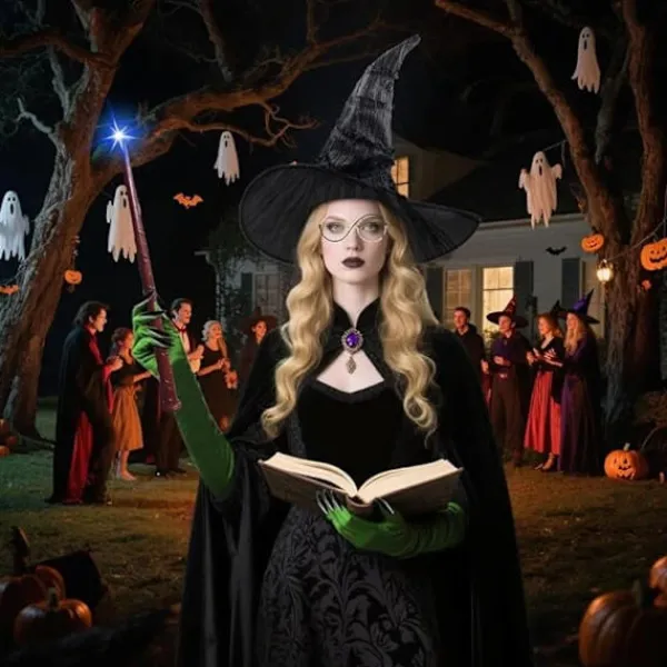 Elphaba Häxdräktstillbehör med häxhatt, trollkarlsglasögon och gröna klothandskar, Halloween karnevalsfest rollspelsdräkt för vuxna kvinnor> Tillbehör