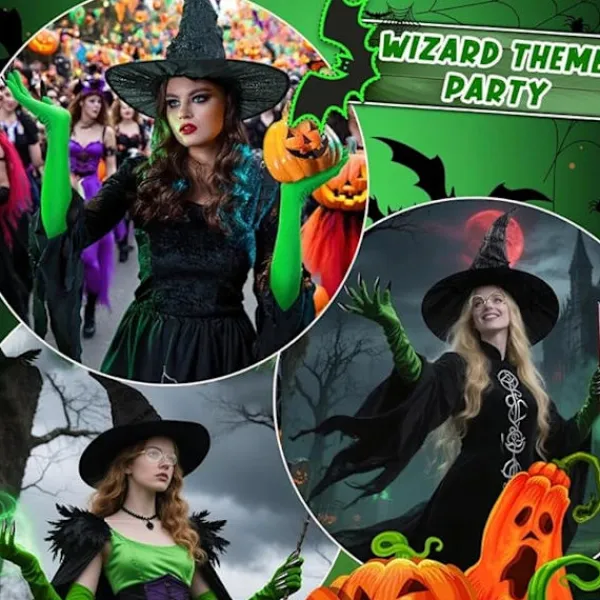 Elphaba Häxdräktstillbehör med häxhatt, trollkarlsglasögon och gröna klothandskar, Halloween karnevalsfest rollspelsdräkt för vuxna kvinnor> Tillbehör