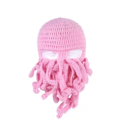 En rosa bläckfiskhatt, rolig riddarhjälmsmössa med skägghatt, handgjord stickad vintertjock mössa, bläckfiskhatt, Halloween Cosplay skidmask> Huvudbonader