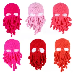 En rosa bläckfiskhatt, rolig riddarhjälmsmössa med skägghatt, handgjord stickad vintertjock mössa, bläckfiskhatt, Halloween Cosplay skidmask><noscript><img width=