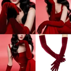 LEIGELE Extra långa sammetshandskar i vintagestil, stretchiga damhandskar för kvällen, röda kostymtillbehör (LGL)> Tillbehör