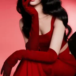 LEIGELE Extra långa sammetshandskar i vintagestil, stretchiga damhandskar för kvällen, röda kostymtillbehör (LGL)><noscript><img width=