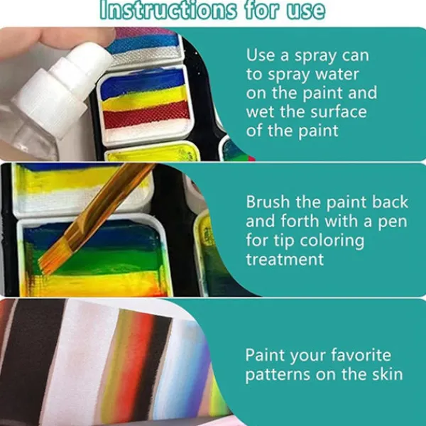 Face Paint Kit 1-Stroke 12 Split Cake Palette, Vattenaktiverad Kroppsmålningssats med 3 Penslar 2 Svampar> Smink